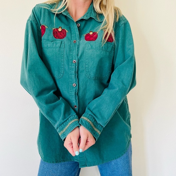 vintage 90s apple button down shirt blouse green cotton appliqué long sleeve top - Picture 3 of 6